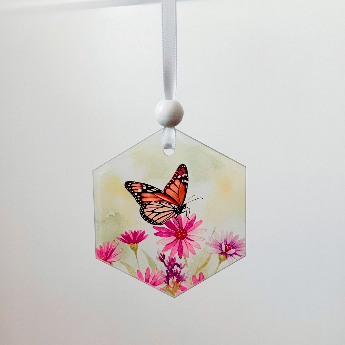 Window Charm -  Butterfly with Pink Flowers | Suncatcher