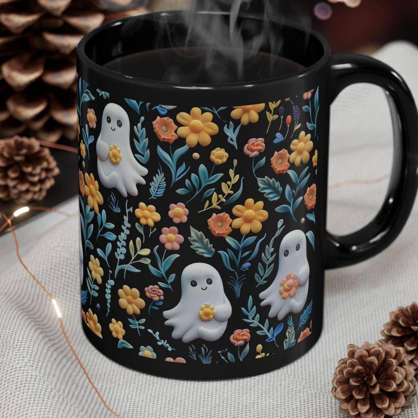 Vintage Floral Ghost Coffee Mug, Halloween Black Coffee Cup