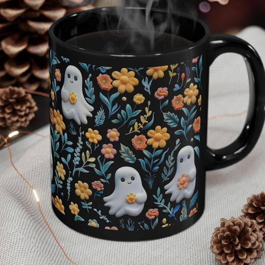 Vintage Floral Ghost Coffee Mug, Halloween Black Coffee Cup