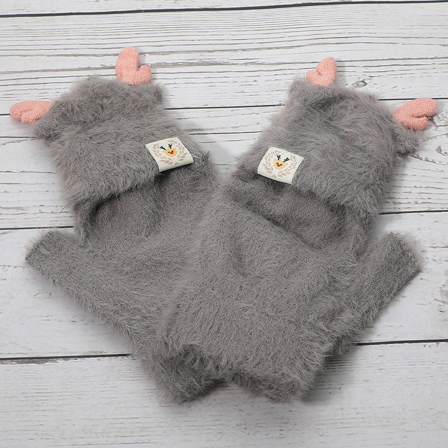 Fuzzy Reindeer Fingerless Winter Gloves - Assorted