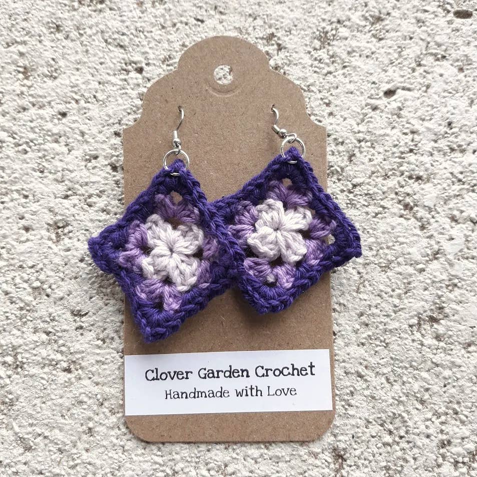 Crochet Tricolor Cotton Purple Granny Square Drop Earrings