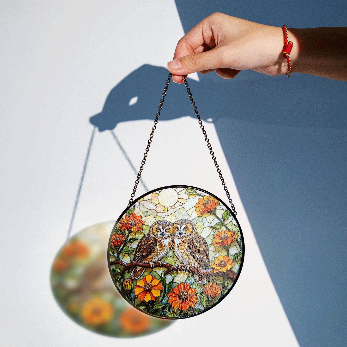 Two Owls On Branch Stained Glass Suncatcher, Gift For Couple