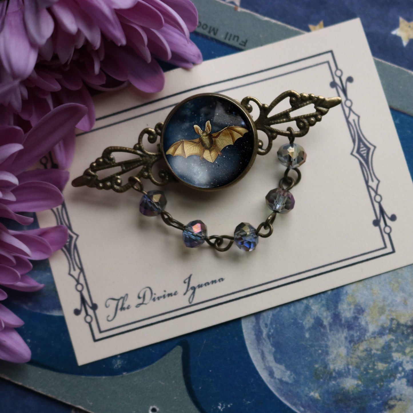 Starry Bat Goth Bead and Filigree Halloween Brooch