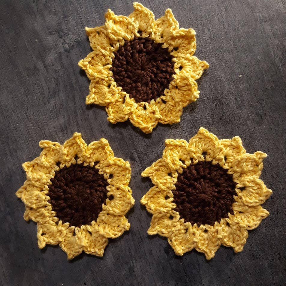 100% Cotton Round Sunflower Crochet Coasters,  5"