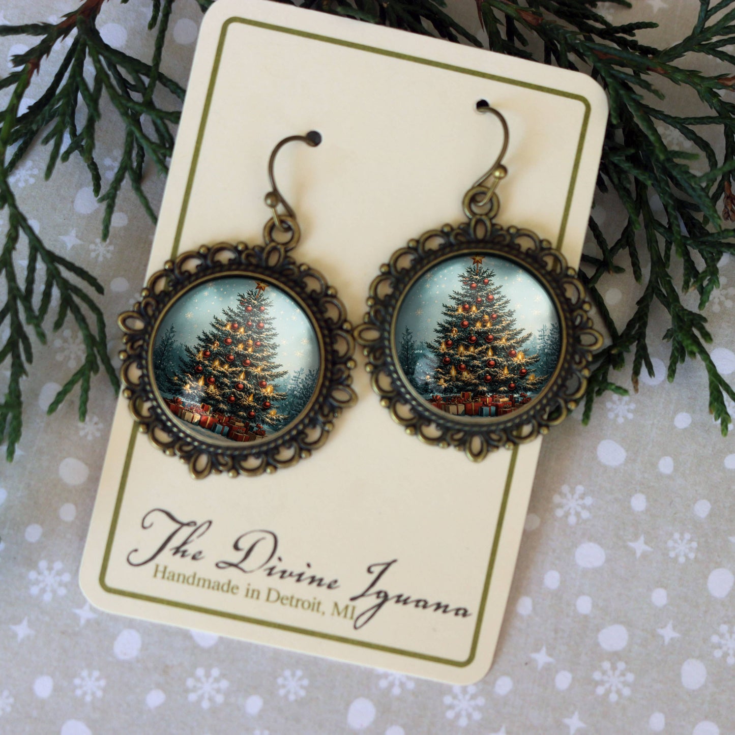 Victorian Christmas Tree Earrings in Filigree Settings