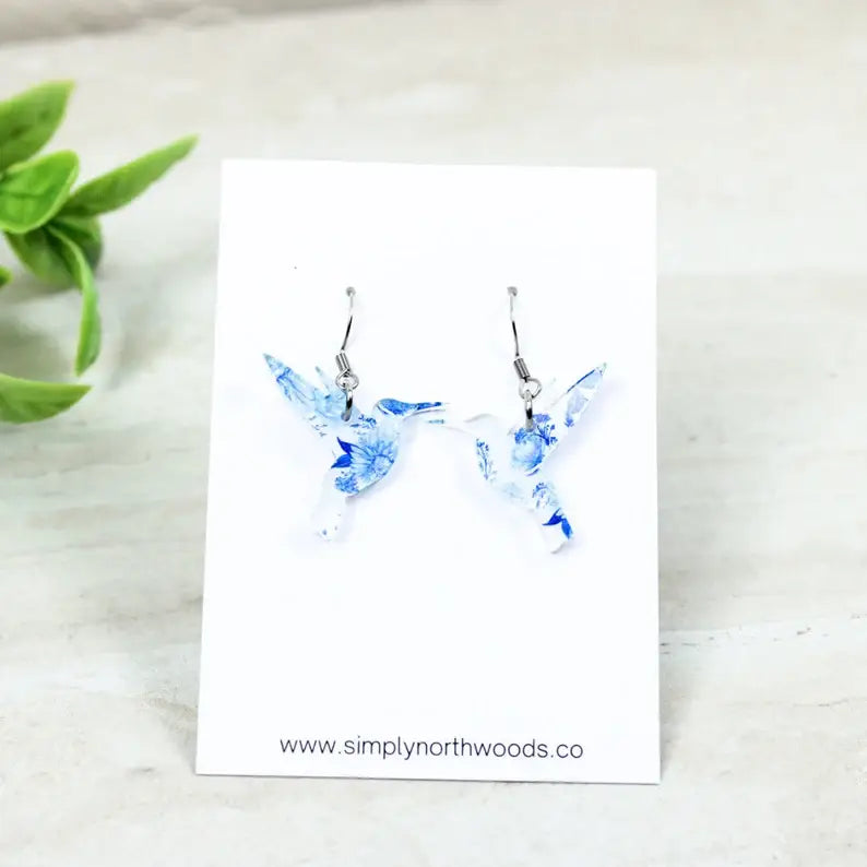 Watercolor Floral Hummingbird Dangle Earrings, Acrylic