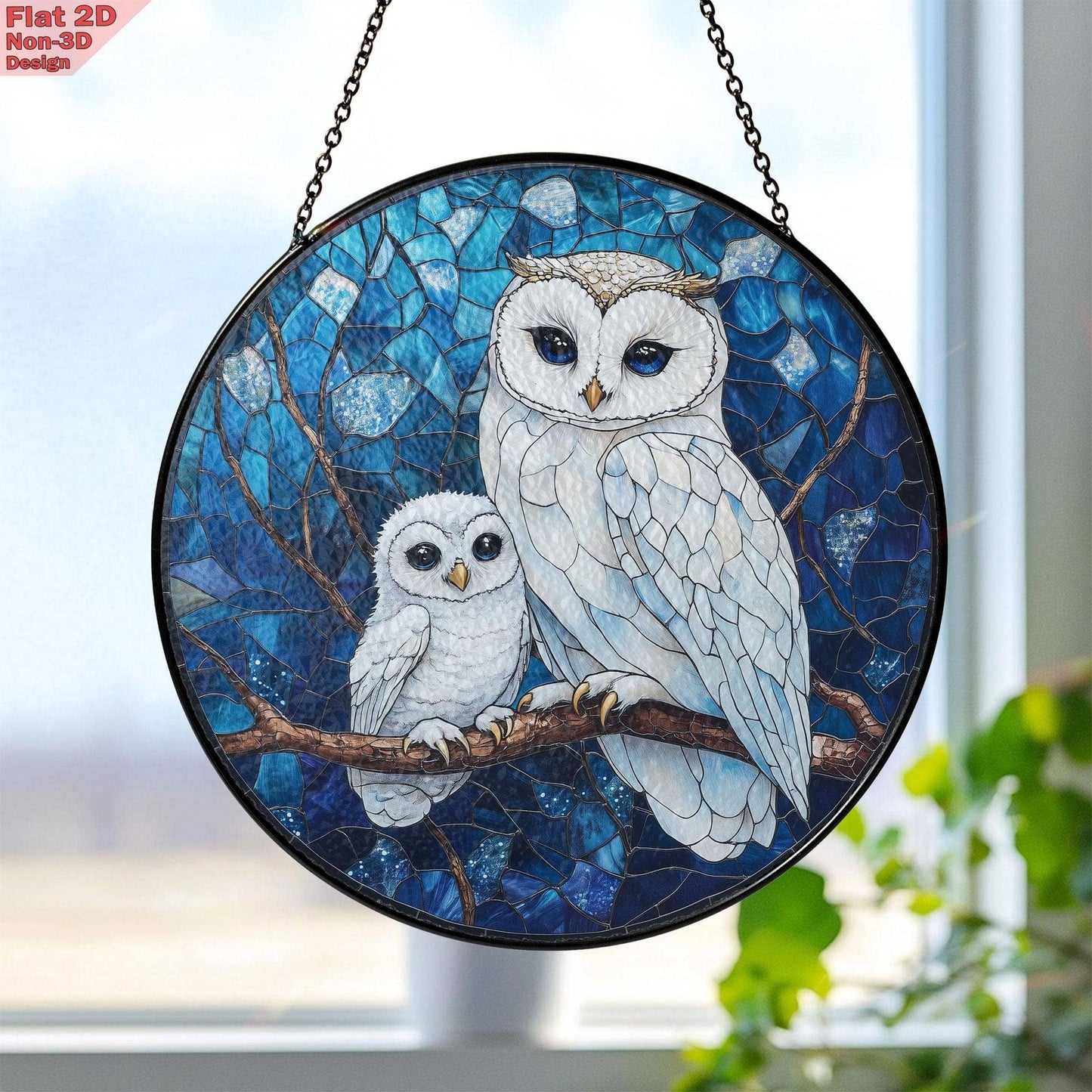 Owl Mom and Baby Suncatcher, Blue Forest Night Window Decor