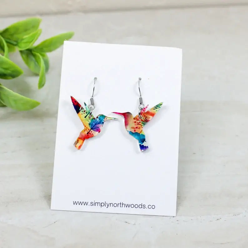 Watercolor Floral Hummingbird Dangle Earrings, Acrylic