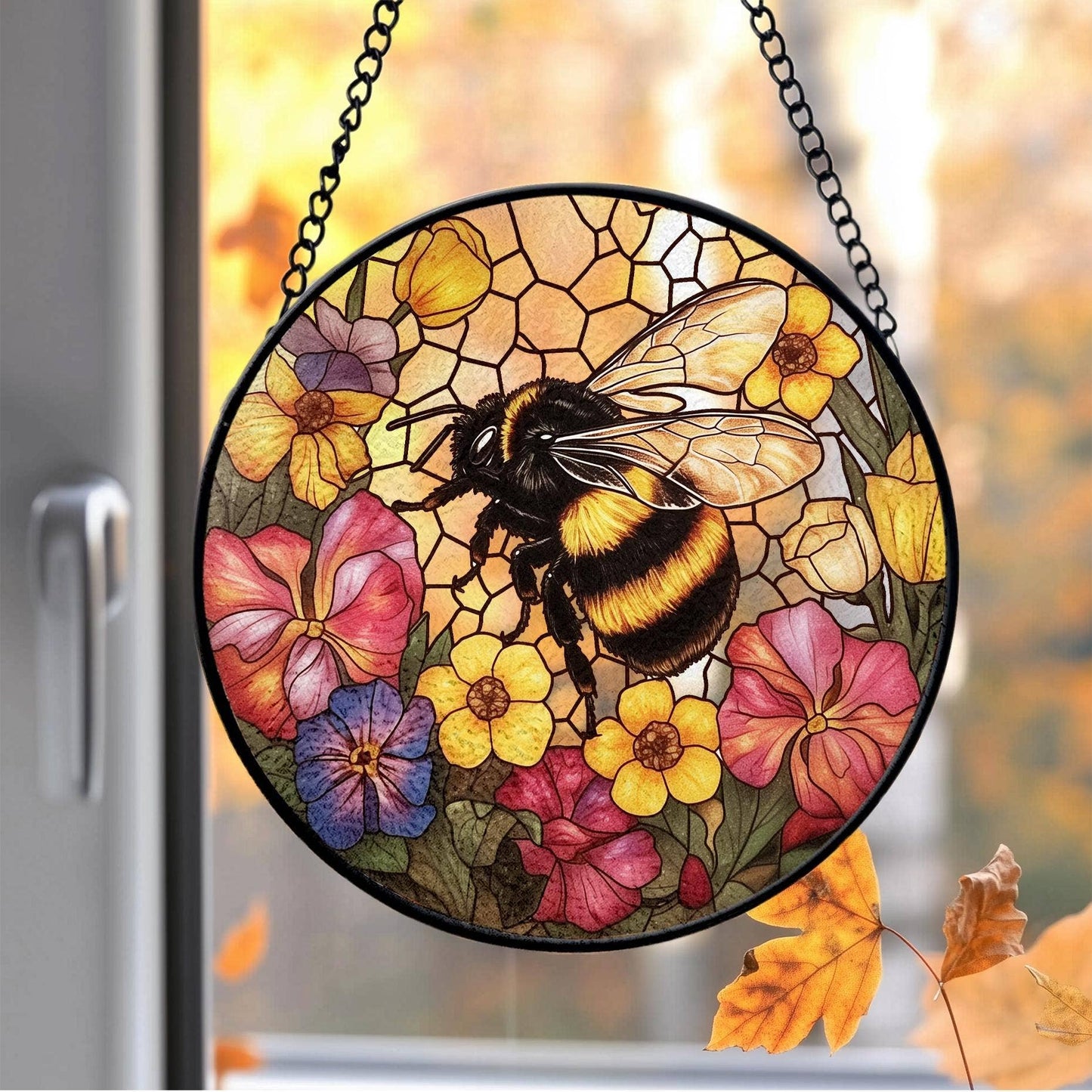 Bee Wildflower Suncatcher, Bee Stained Glass Ornament