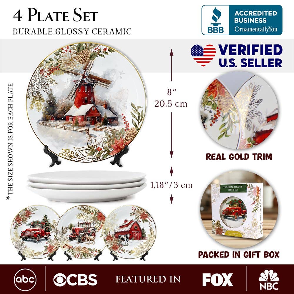 Farmhouse Christmas Set of 4 Plates with Real Gold Elements