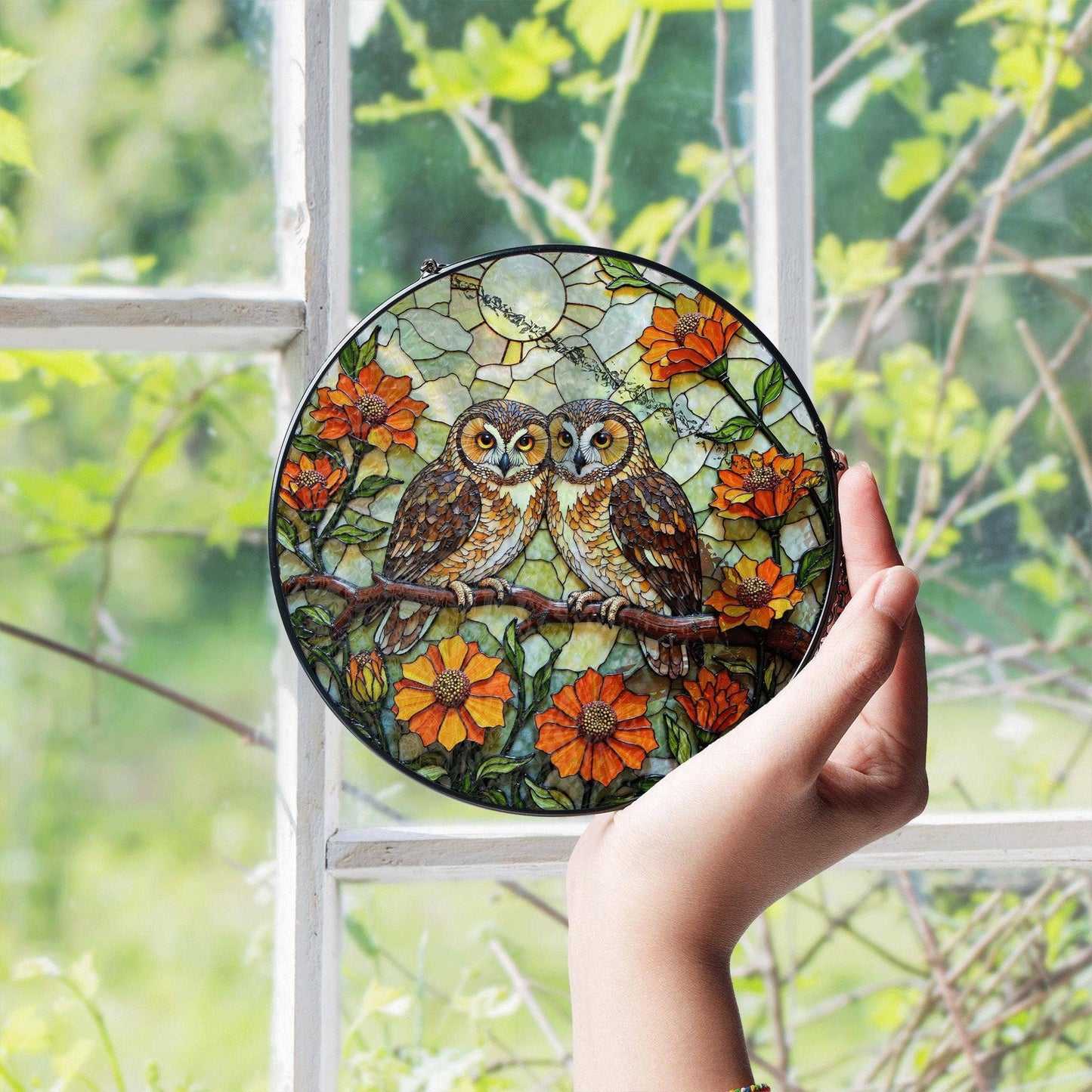 Two Owls On Branch Stained Glass Suncatcher, Gift For Couple