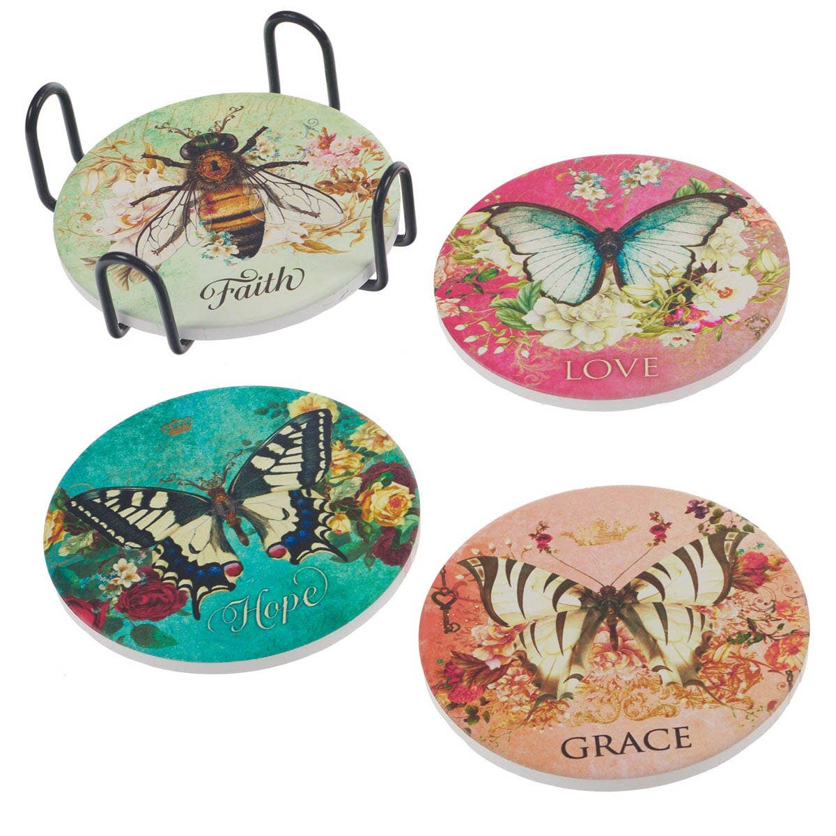 Ceramic Coasters 4/Set Butterflies/Bee