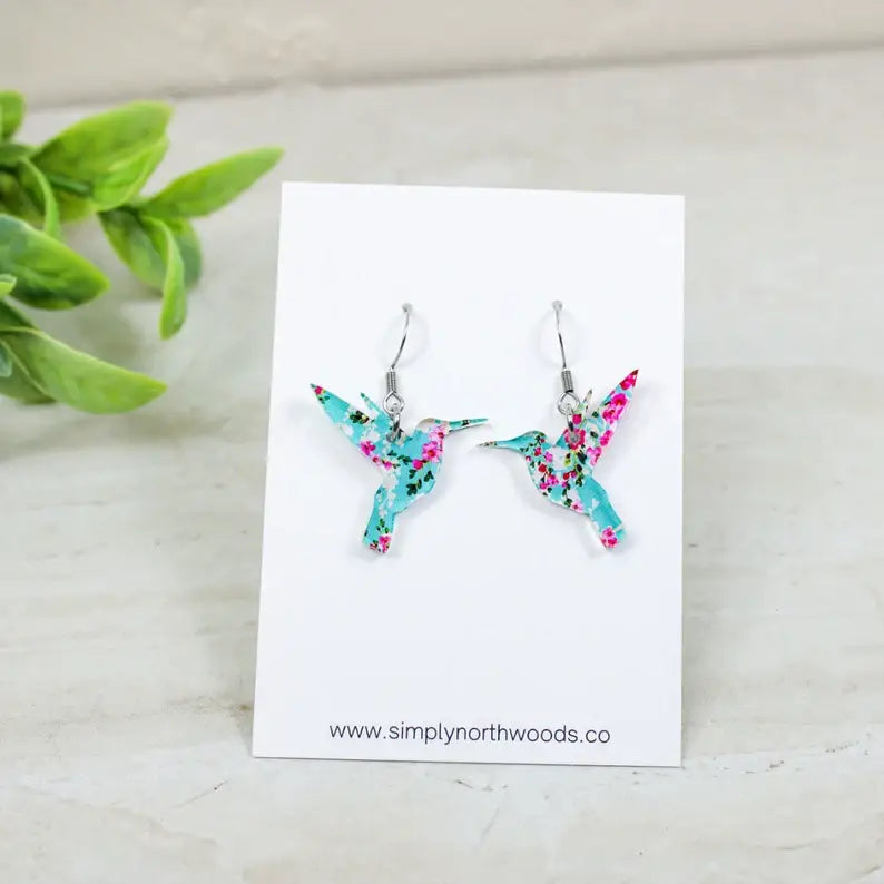 Watercolor Floral Hummingbird Dangle Earrings, Acrylic