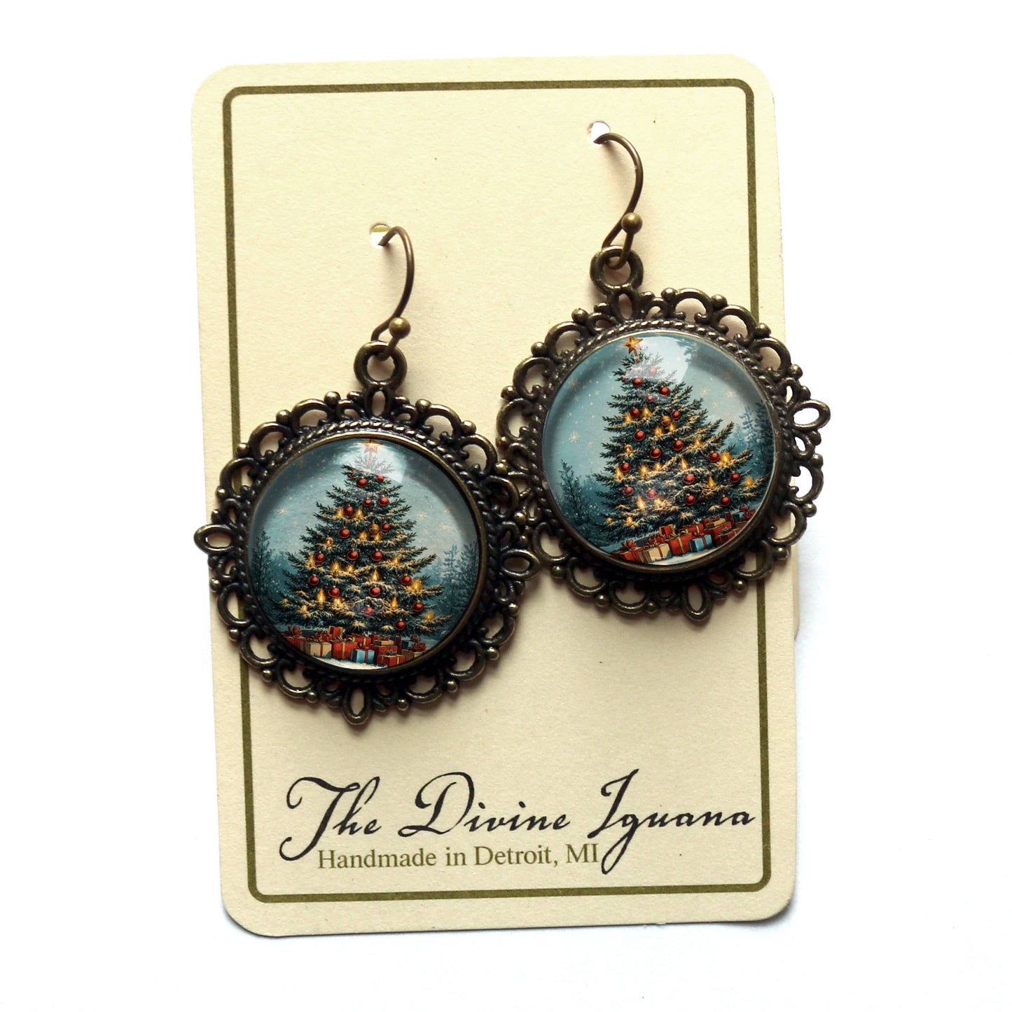 Victorian Christmas Tree Earrings in Filigree Settings