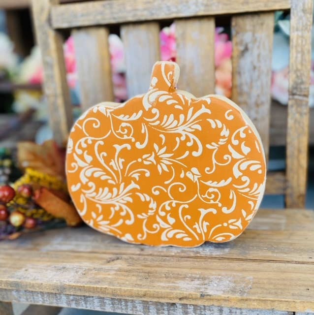 Cute Floral Pumpkin Sign, Hand scrolled and painted 6.5x6.5