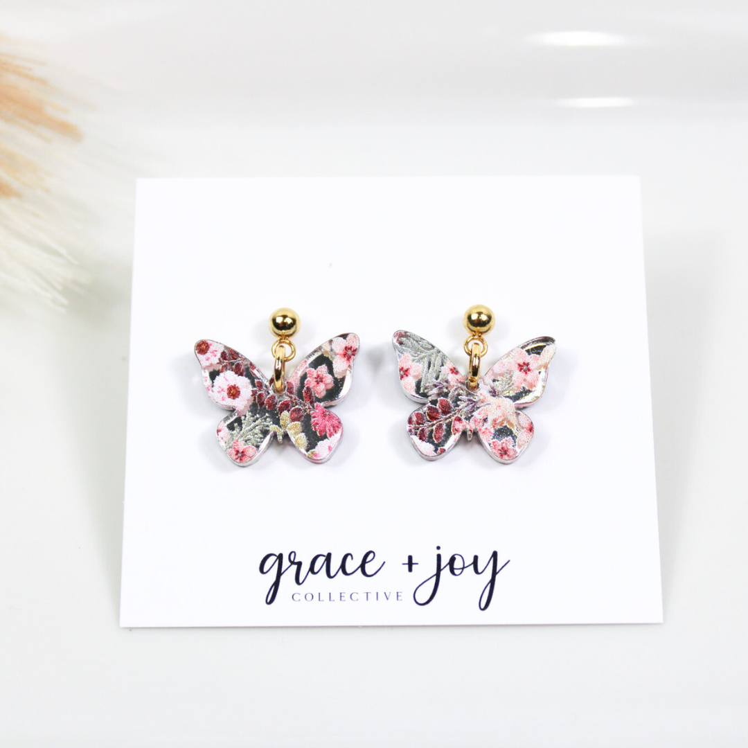 Pink Floral Butterfly Dangle Earrings, Acrylic Earrings