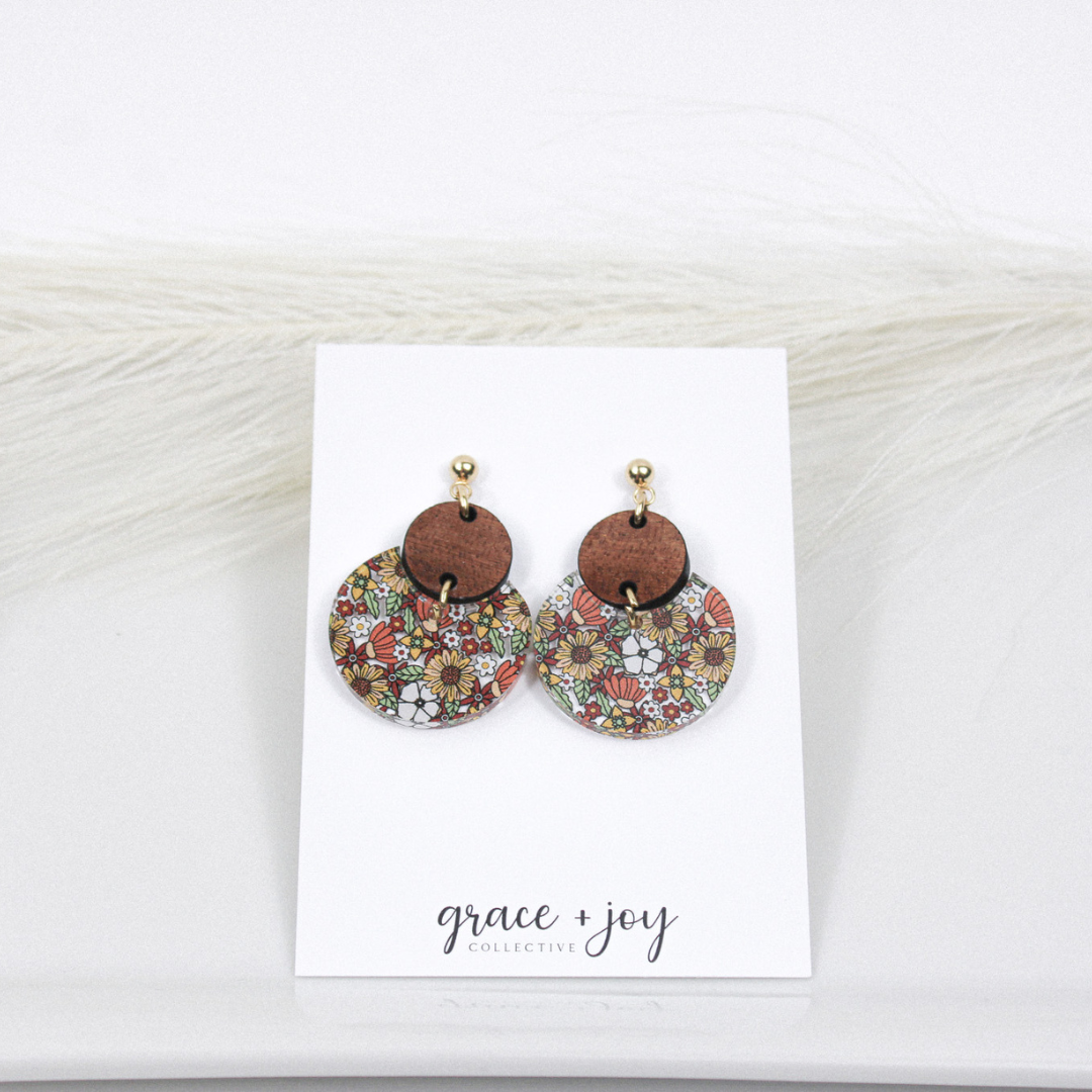 70's Retro flower Dangle Earrings, Fall sunflower earrings