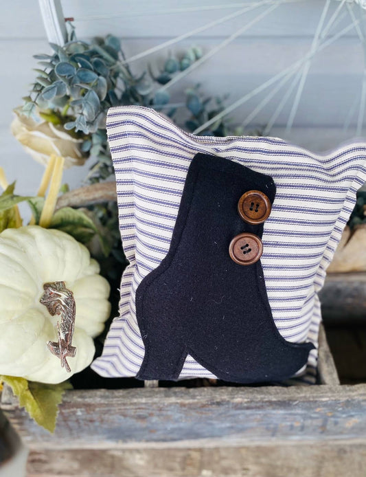 Halloween Witch Boot Pillow 9x9 Primitive Ticking Stripe