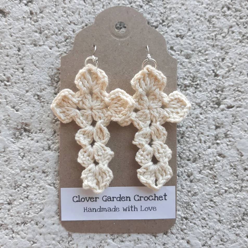 Crochet Christian Cross Design Cotton Drop Earrings