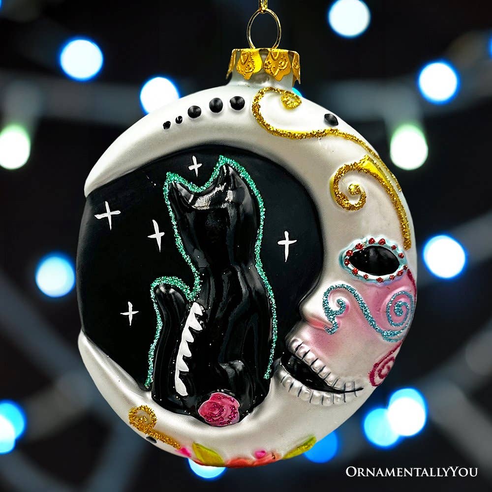 Folkloric Siamese Cat Sugar Skull Glass Ornament