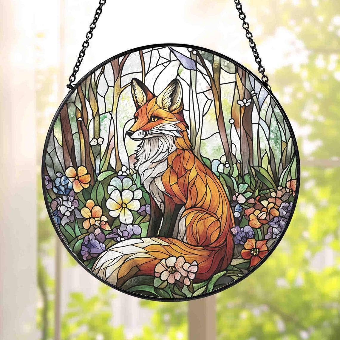 Red Fox Stained Glass Suncatcher, Wild Fox Windows Decor