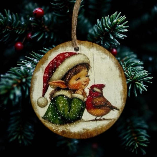 Elf with Bird - Vintage Christmas Decor Wood Ornament