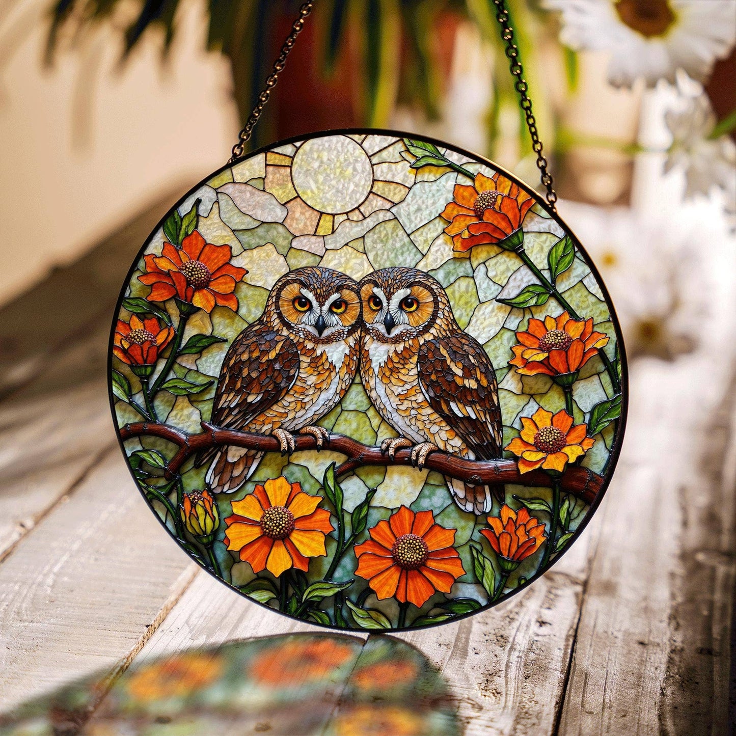 Two Owls On Branch Stained Glass Suncatcher, Gift For Couple